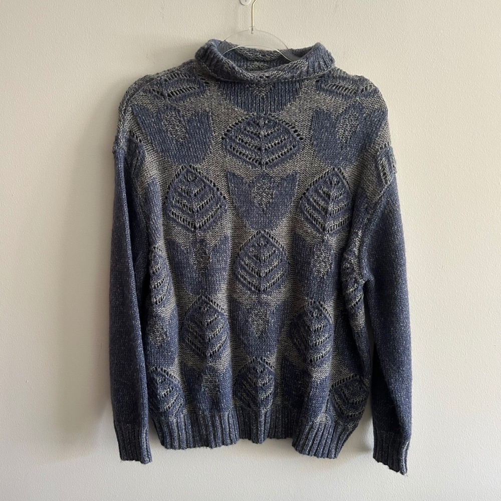 Hansel from Basel Folk Sweater Blue M Mohair Blend Pointelle Tulip Mock Neck